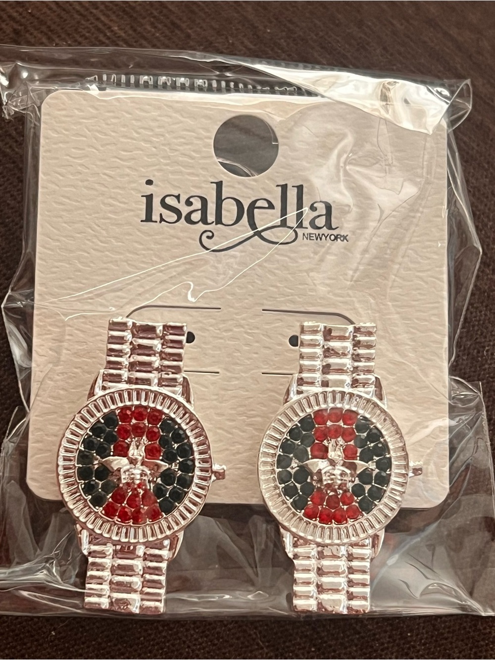 Isabella New York Silver Tone Red & Green Bee Watch Face Earrings